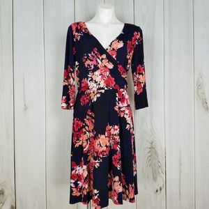 Ronni Nicole Navy Blue Pink Floral V-neck Dress